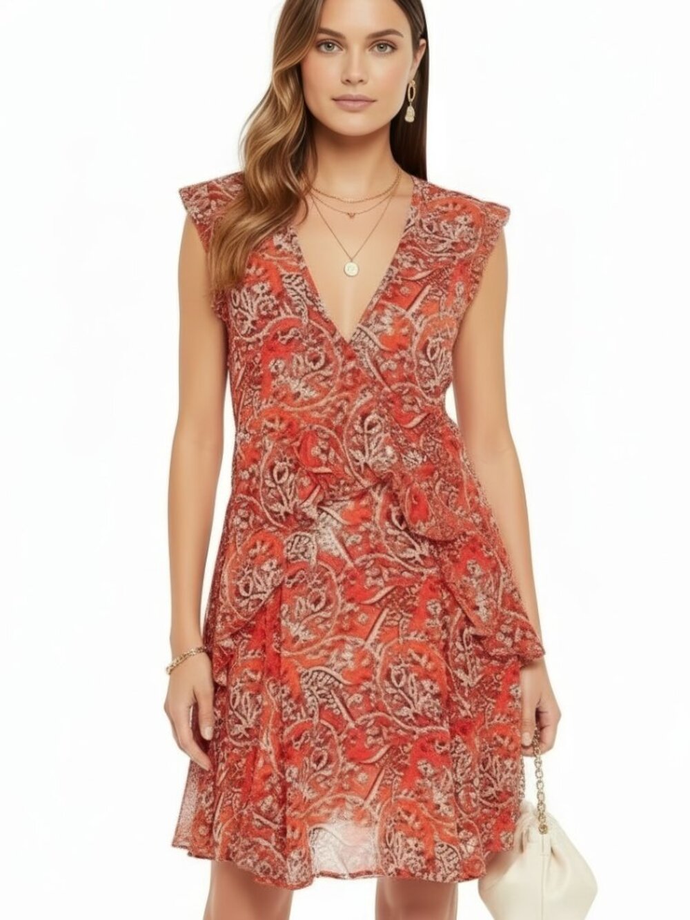 IRO Variety Ruffled Paisley Mini Dress Orange FR 38 US 6